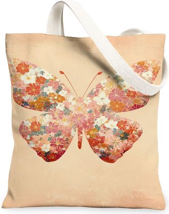 Generic Vintage Floral Butterfly Canvas Tote Bags, Artistic Flower Print Reusable Grocery Bags, Summer Lightweight Washable Shoulde, Peach, 13x15 Inch