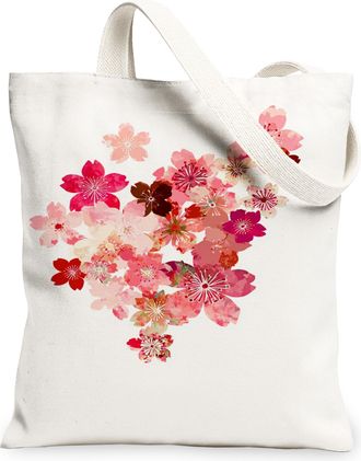 Generic Floral Canvas Tote Bags, Flower Pattern Reusable Grocery Bags, Spring Vintage Lightweight Washable Canvas for Travel Beach, White, 13x15 Inch