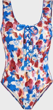Vilebrequin Flowers In The Sky Jersey Lace-Up One-Piece Swimsuit