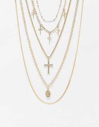 Asos pack of 5 neckalces with mixed chain and cross design in gold tone
