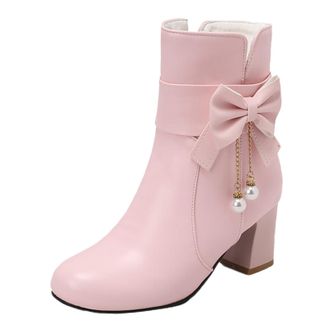 Generic 2023 Fall Winter Korean Bow Ankle Boots Women Fashion Cute College Style Short Boots Comfortable Casual Footwear (4.5) Pink