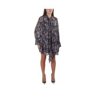 Michael Kors Kleedjes, Dames, Zwart, S, Leer, Metallic Paisley Georgette Jurk met Strik in de Hals