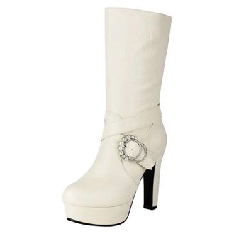 Generic Womens Classic Mid Calf Boots Round Toe Super High Chunky Heel Platform With Pearl Accents Stylish Footwear