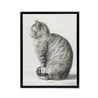 Artery8 Sitting Smiling Cat Pencil Drawing Bernard Black Framed Canvas Art in White | Size: W24 x H32