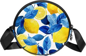 Generic Circle Crossbody Bag for Women, Lemons Blue Leaves Pattern Small Sling Bag Daypack with Zipper Adjustable Shoulder Straps Casual Ladies Girls Round Pu