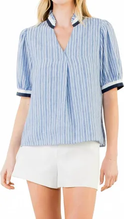 THML Clothing Short Sleeve Striped V Neck Top In Blue