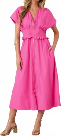 Entro Mocked Waist Zip Midi Dress In Pink