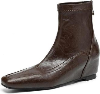 Generic Womens PU Leather Ankle Boots Square Toe Hidden Wedge Heels Back Zipper Comfortable Slip-Resistant Durable Casual Daily Office Work Shoes,Brown,3.5 UK