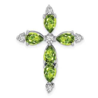 Diamond2Deal 14k White Gold 6x4mm Pear Peridot and Diamond Cross Chain Slide