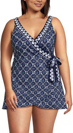 Lands End Side Tie Mini Swim Dress Swimsuit in Seashell Geo/navy Border at Nordstrom, Size 16W