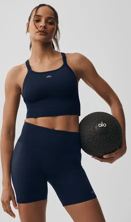 Alo | Seamless Ribbed Favorite Bra Tank Top in Navy Blue, Size: Medium