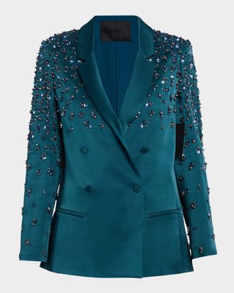 Sally Lapointe Crystal Embroidered Satin Double-Breasted Blazer