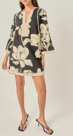 English Factory Floral Print Cotton Minidress in Black/cream at Nordstrom, Size X-Small