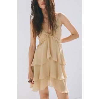Mango Bead Detail Ruffle Sleeveless Dress in Beige at Nordstrom, Size 8