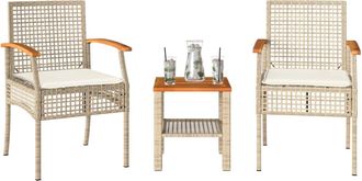 vidaXL Mesita Y Sillas Con Cojines 3 Pzas Rat&aacute;n Pe Madera Acacia Beige Vidaxl