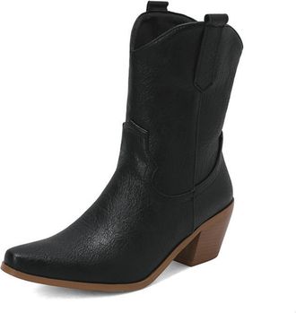 Generic Womens Mid-Calf Western Cowboy Boots with Square Toe & Chunky Heel, Retro Wide-Calf Style,Black,6.5 UK