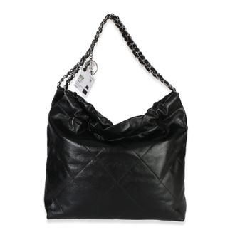 Chanel Mens Black Quilted Shiny Calfskin 22 Hobo Leather Handbag