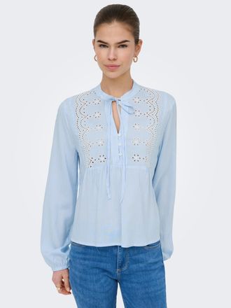 Only Langarmbluse ONLY ONLLENNYO LS EMBROID V-NECK TOP NOOS WVN, Damen, Gr. XS, kentucky blau stripes:hellwei&szlig;, Web, Obermaterial: 100% Viskose, gestreift,