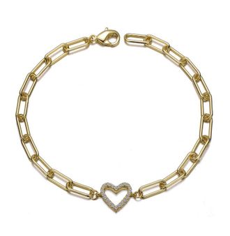 Rachel Glauber 14K Gold Plated with Clear Cubic Zirconia Open Heart Halo Paperclip Link Bracelet
