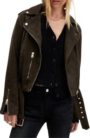 AllSaints Suede Moto Jacket in Tarmac Green at Nordstrom Rack, Size 0 Us / 4 Uk