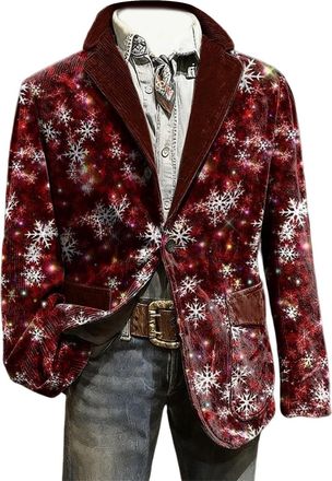 Generic Mens Christmas Corduroy Blazer Funny Xmas Reindeer Santa Print Jacket Slim Fit Single-Breasted Lapel Novelty Party Suit Winter Casual Business Coat