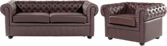 Beliani Conjunto De Sof&aacute;s Para Sal&oacute;n Chesterfield Tapizado En Cuero Marr&oacute;n Con Patas De Madera Oscura Sof&aacute; 3 Plazas Y Un Sill&oacute;n Chesterfield