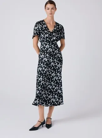 Ghost London Elizabeth Floral Satin Midi Tea Dress in Black Floral at Nordstrom, Size 14
