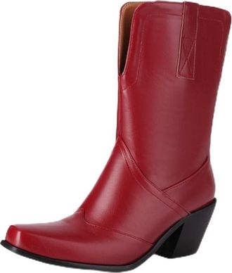 Generic Womens Fashion Cutout Western Cowgirl Ankle Boots Square Toe Chunky Heel Pull On Vintage Casual Shoes (5.5,Red)