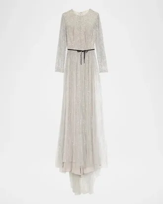Monique Lhuillier Embellished Tulle Long-Sleeve Illusion Gown