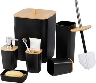 Trade Shop Trade Shop - Conjunto De Ba&ntilde;os Ba&ntilde;o Bambo 6pcs Moderno Banner Black Barbage Sapon Dispensador - Negro