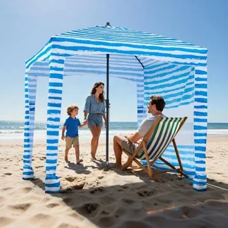 OEM Caba&ntilde;a De Playa Con Toldo Lateral, Protecci&oacute;n Solar Upf 50+, Incluye Sacos De Arena, Sombrilla Port&aacute;til Para Disfrutar En Familia O Con Amigos, Rayas 