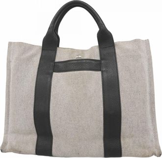 Herm&egrave;s Black Gray Canvas Tote Bag (Pre-Owned)