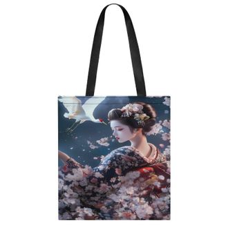 Generic Geisha Moon Flowers Crane Womens Tote Casual Shopping Bag Lightweight Shoulder Bags Hobos Handbag for Work Travel Daily 35x40cm