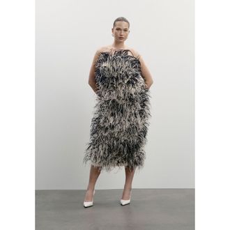 11 Honor&eacute; Ostrich Feather Strapless Maxi Dress in Black And Cream at Nordstrom, Size 18