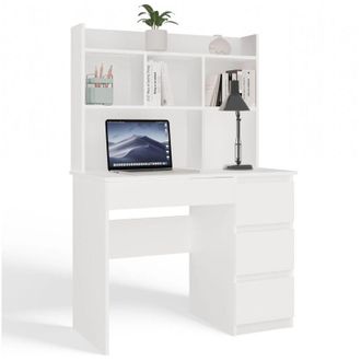 Topeshop MIJAS DESTRA - Scrivania 98&times;51&times;146 cm con 4 cassetti e 4 ripiani, con mensola superiore per ufficio / camera da letto - Bianco