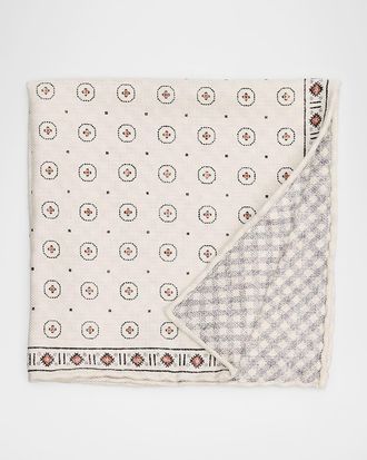 Brunello Cucinelli Mens Double-Face Geometric-Check Silk Pocket Square