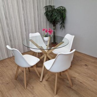Kosy Koala Kosy Koala - Dining Table Set with 4 Chairs Round Wood Effect Legs 4 Plastic White Chairs Dining Room