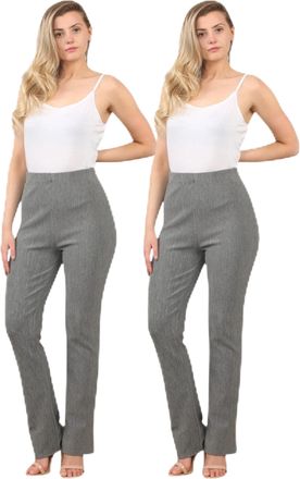 Generic Pack of 2 Ladies Stretch Bootleg Trousers - Soft Ribbed Work Pants with Elastic Waist - Womens Flared Leggings Grey Pull On Office Bottoms - Petite & 