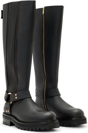 AllSaints Maddie Knee High Moto Boot in Black at Nordstrom, Size 10.5Us
