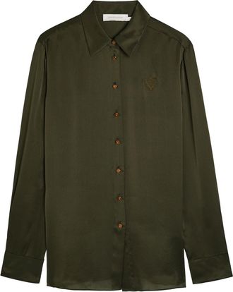 Zimmermann Hypnotic Logo-embroidered Silk-satin Shirt - Olive - 00 (UK 6 / XS)