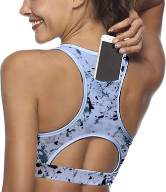 Generic Womens Training Bra with Back Phone Pocket Fitness Sports Tank Top Wireless Workout Activewear for Women White Size M