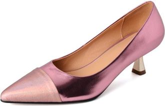 TinaCus Womens Genuine Leather Handmade Cap-Toe Mid Kitten Heel Stylish Pumps Shoes, Pink, 4 UK