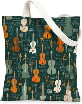 Generic Artistic Vintage Canvas Tote Bags, Violin Floral Pattern Reusable Grocery Bags, Lightweight Washable Shoulder Strap for Tra, Green, 13x15 Inch