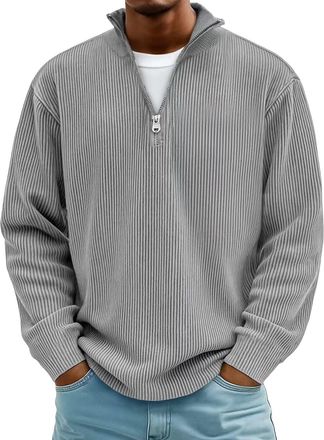 Generic Mens Simple Casual Ribbed Stand Collar Zipper Long Sleeve T-Shirt, Mens Daily Loose Long Sleeve Shirt (Gray,X-Large)