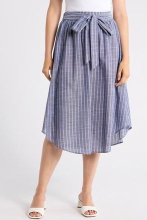 Renee C Stripe Curve Hem Linen Blend Midi Skirt in Denim at Nordstrom Rack, Size X-Small