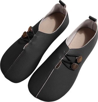 Generic Loafers Shoes for Women Soft Comfortable Elastic Buttons Leather Orthopedic Shoes Lightweight Breathable Retro Round Toe Slip on Walking Outdoor Loafe