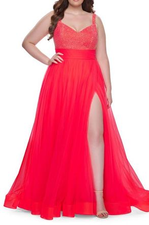 La Femme A-Line Plus Size Prom Dress with Rhinestone Bodice in Hot Coral at Nordstrom, Size 12W