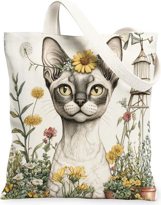 Generic Spring Devon Rex Cat Canvas Tote Bag for Shopping 13x15, Farmhouse Country Kitten Reusable Grocery Print Bag for Women, Farm Pet Beach Aesthetic Paint