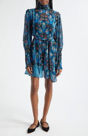 Farm Rio Blue Arabesque Floral Belted Turtleneck Minidress in Arabesque Floral Blue at Nordstrom Rack, Size Large