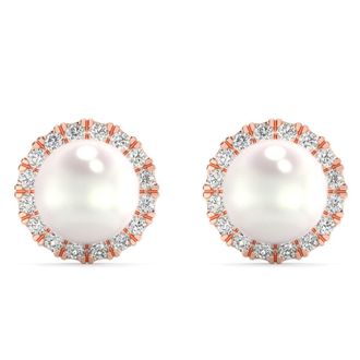 Pompeii3 6mm Pearl & Diamond Halo Studs Womens 14k Gold Earrings Lab Grown